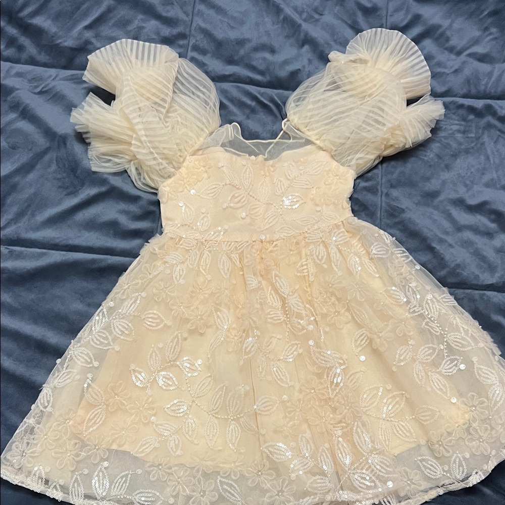 Charming Cream Kids Dress with Leafy Embroidery